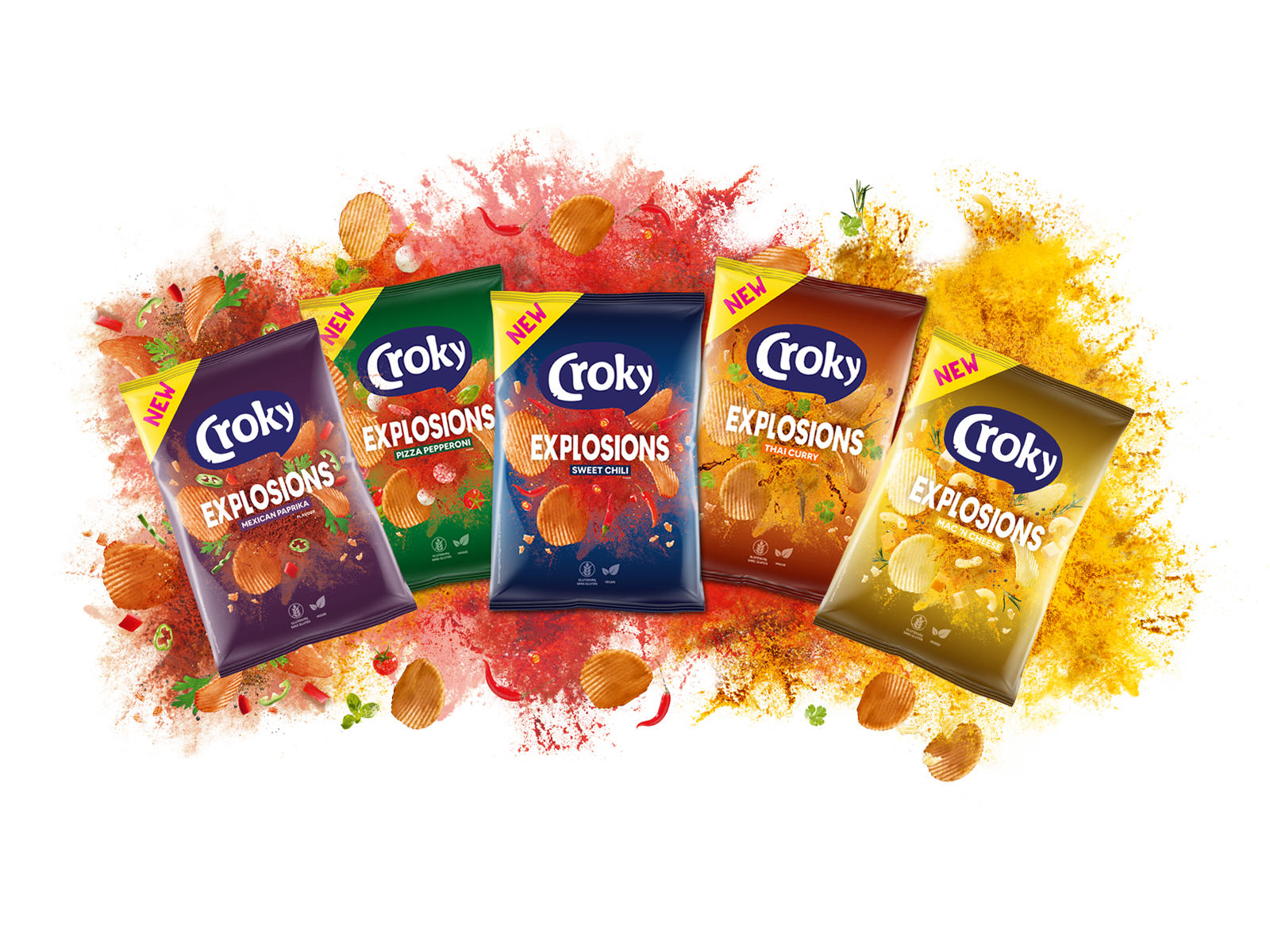 Croky Explosions assortiment Mexican Pizza Pepperoni Thai Curry Sweet Chili Mac Cheese